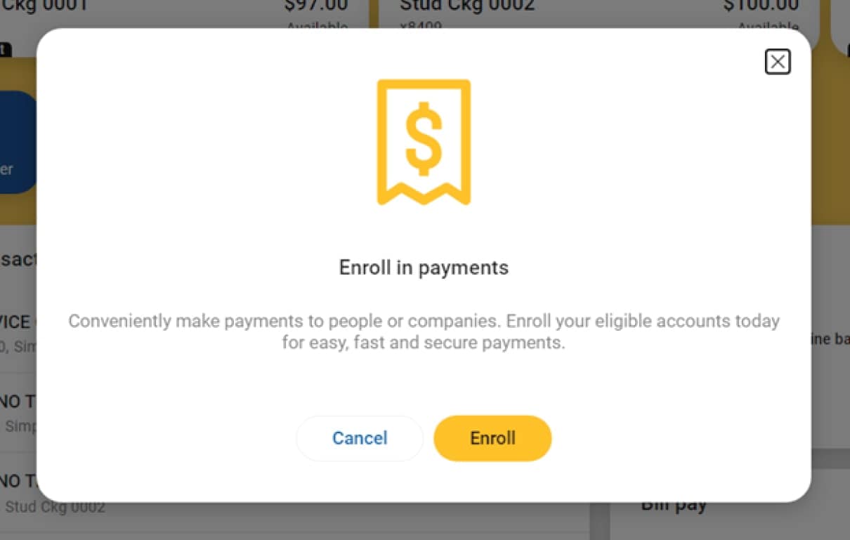 Desktop display of First Financial Bank online banking payment enrollment screen