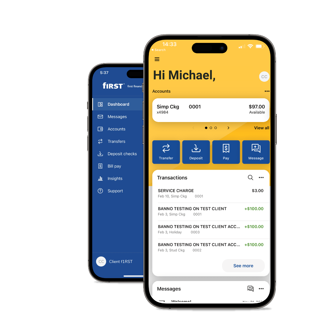 Smartphone displaying First Financial Bank mobile app with Bill Pay menu option highlighted