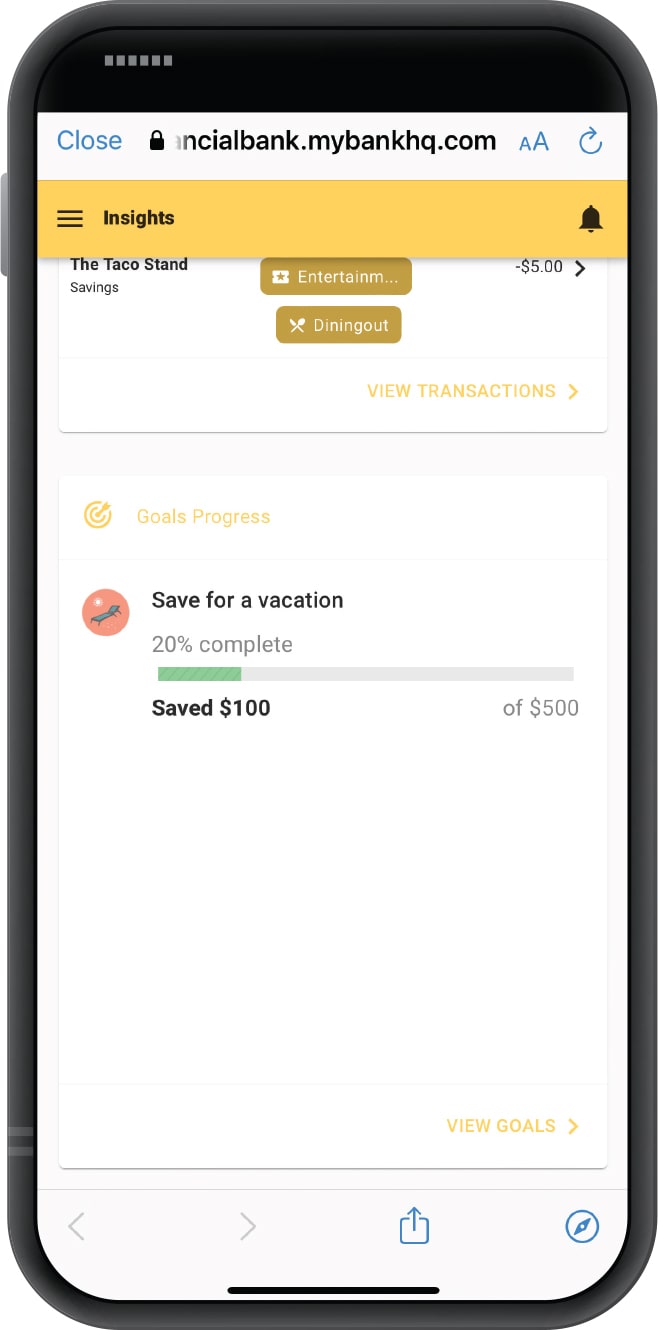 Smartphone displaying First Financial Bank Insights tool with "Save for a vacation" goal