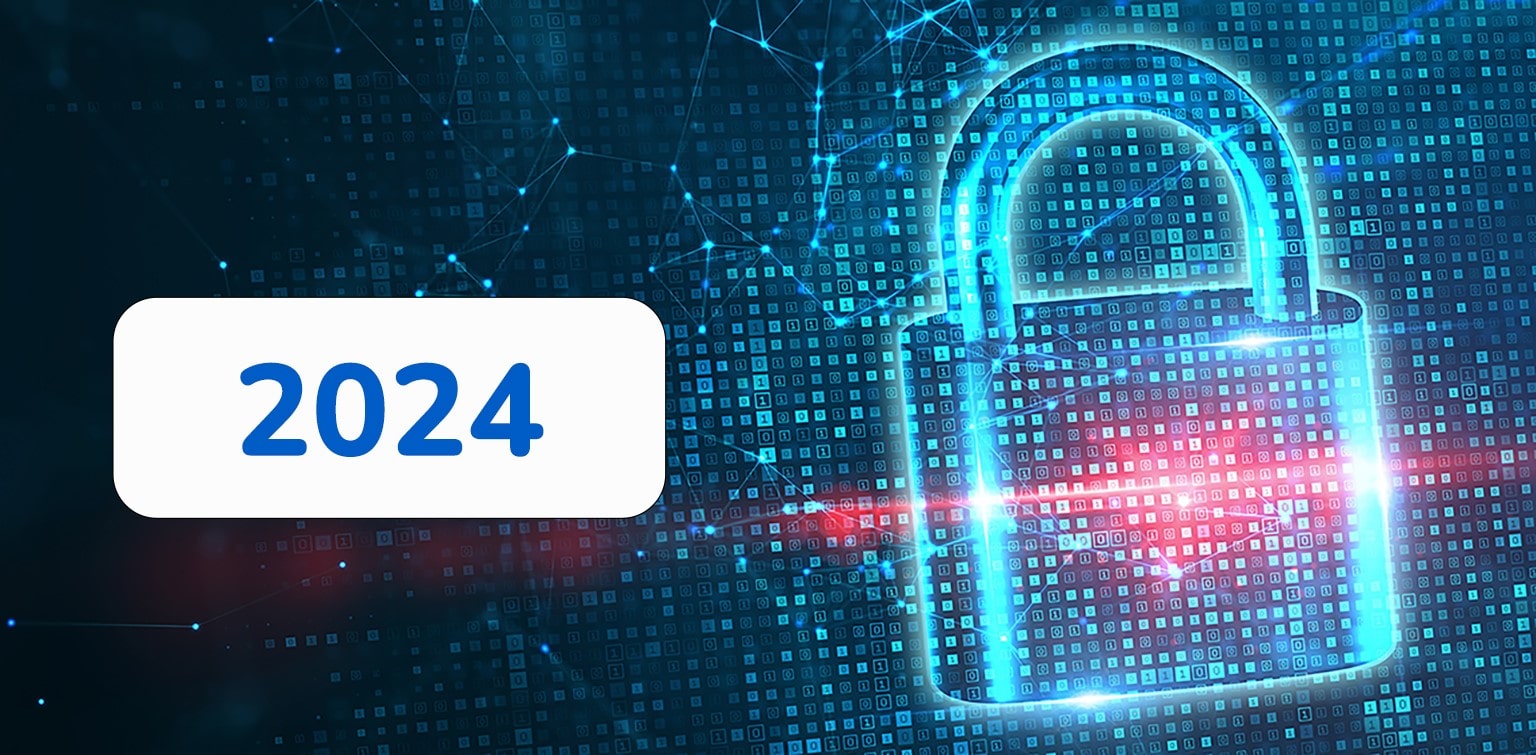 Illustration of digital padlock and code representing cybersecurity, labeled "2024"