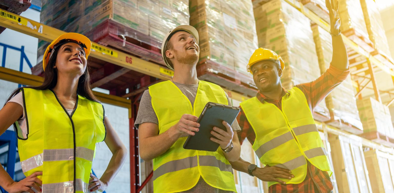 Three young workers wearing safety vests and hard hats stand together in a warehouse