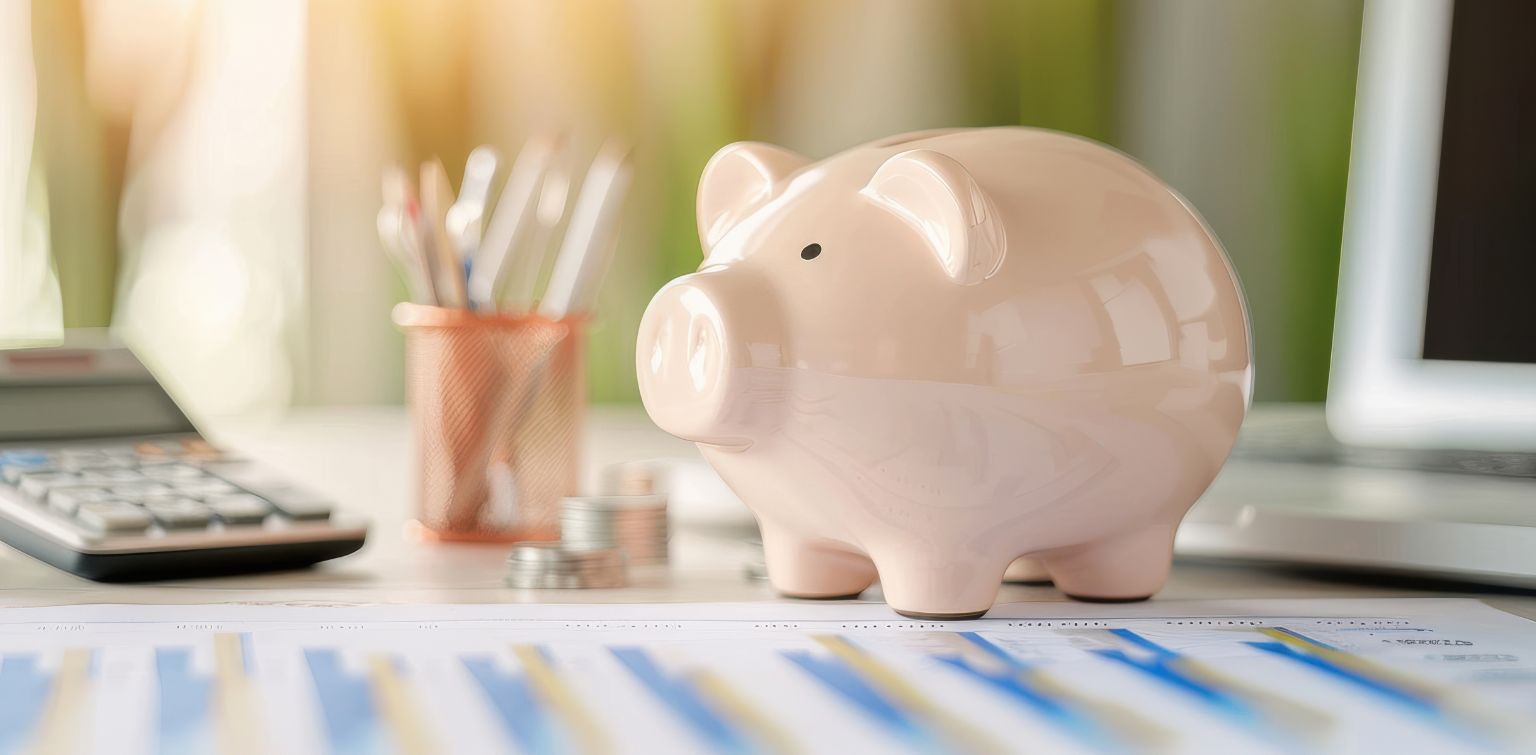 Desk with financial paperwork, calculator, pencil jar, stacks of coins and pale pink piggy bank.