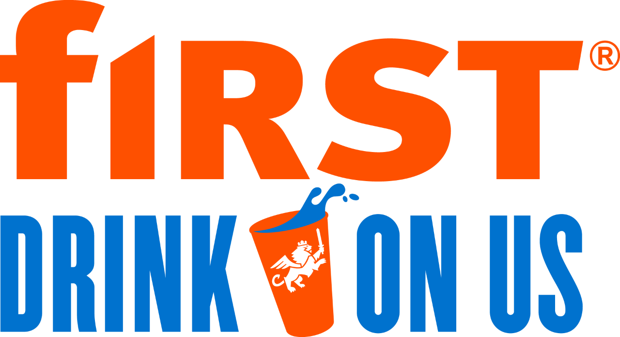 Blue and orange promo reading "first drink on us" with a cup spilling over