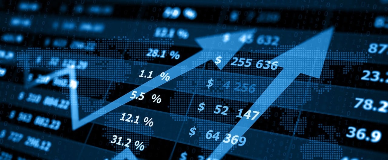 Financial data figures with upward arrow overlay
